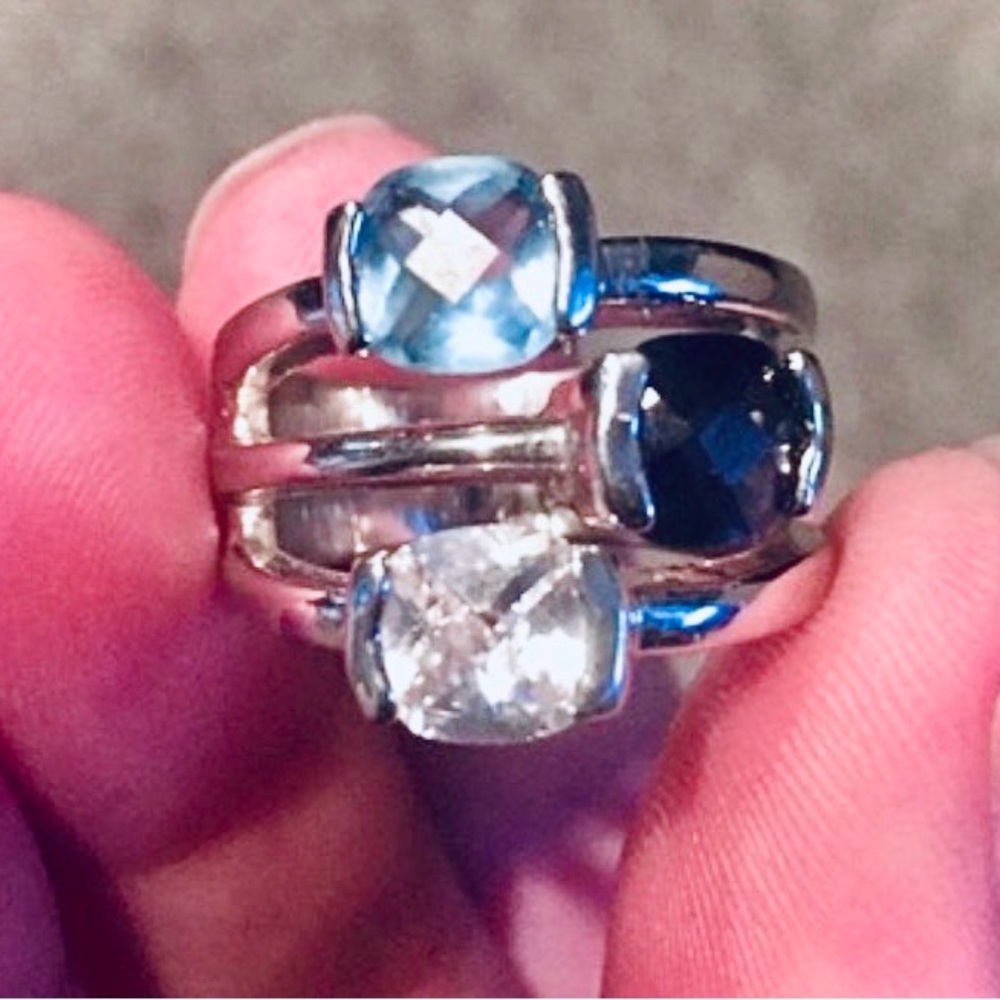 LIA SOPHIA Original Blue Bayou Ring Silver Triple Stone Blue Indigo & Clear EUC